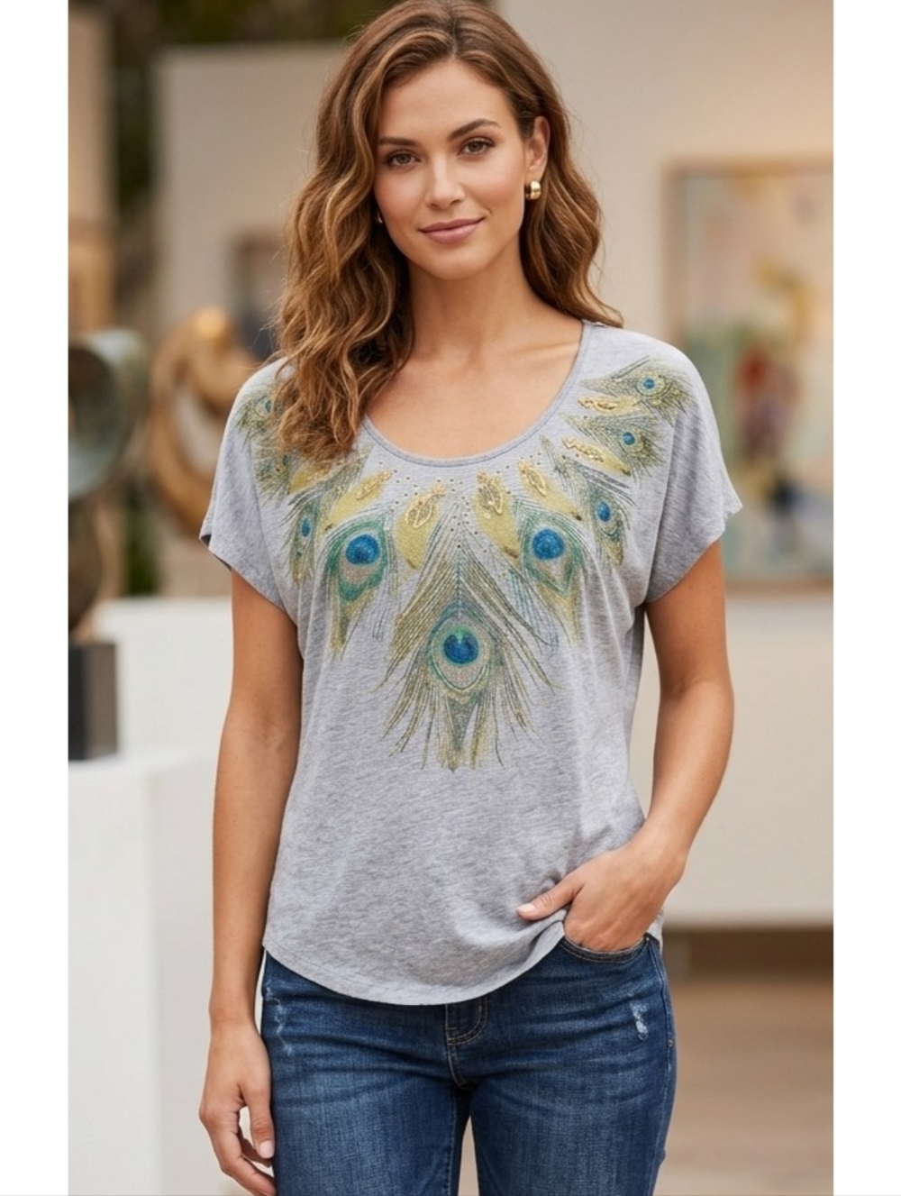 Forever 21 Peacock Feather Tee Gray Size S